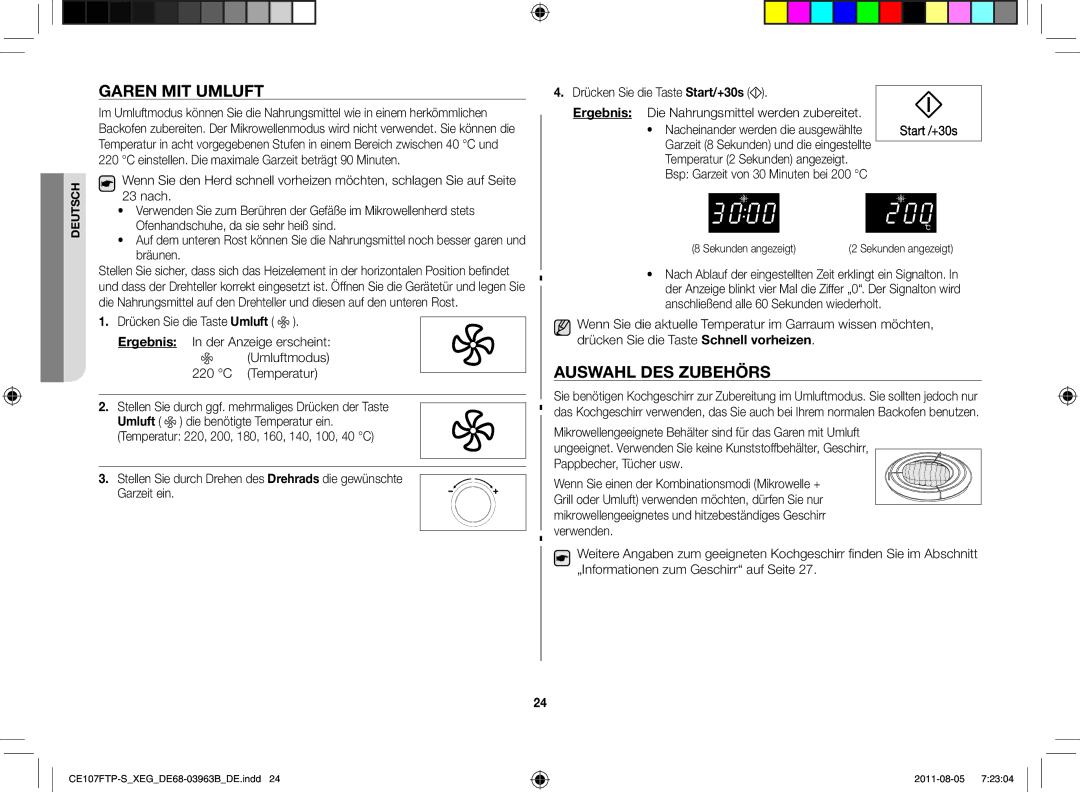 Samsung CE107FT-B/XEG manual Garen mit Umluft, Auswahl des Zubehörs, Nach 