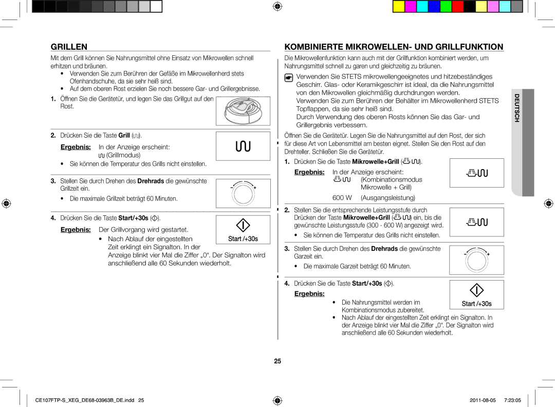 Samsung CE107FT-B/XEG manual Grillen, Kombinierte Mikrowellen- und Grillfunktion, Drehteller. Schließen Sie die Gerätetür 