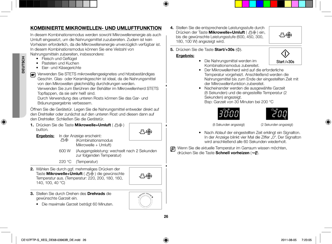 Samsung CE107FT-B/XEG manual Kombinierte Mikrowellen- und Umluftfunktion, Sekunden angezeigt 