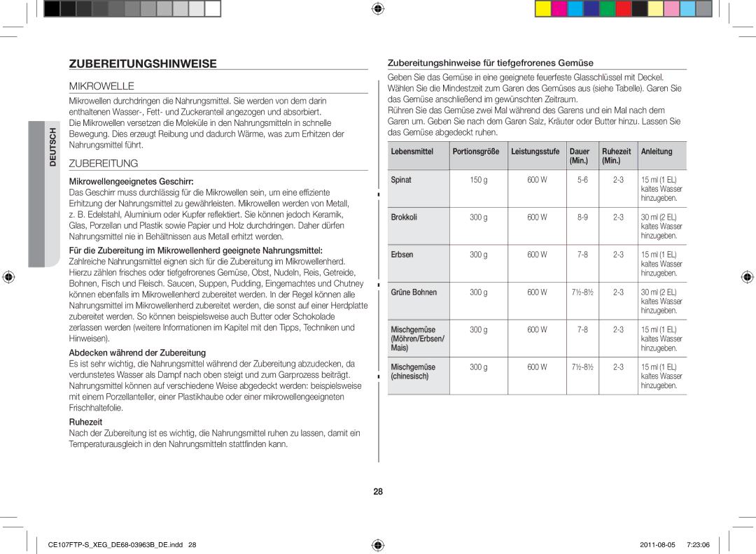 Samsung CE107FT-B/XEG manual Zubereitungshinweise, Mikrowellengeeignetes Geschirr 