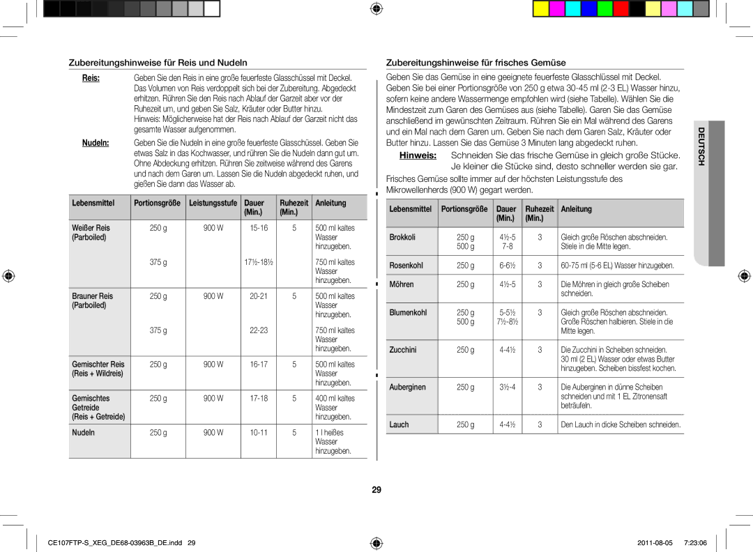 Samsung CE107FT-B/XEG manual Zubereitungshinweise für Reis und Nudeln, Zubereitungshinweise für frisches Gemüse, Dauer 