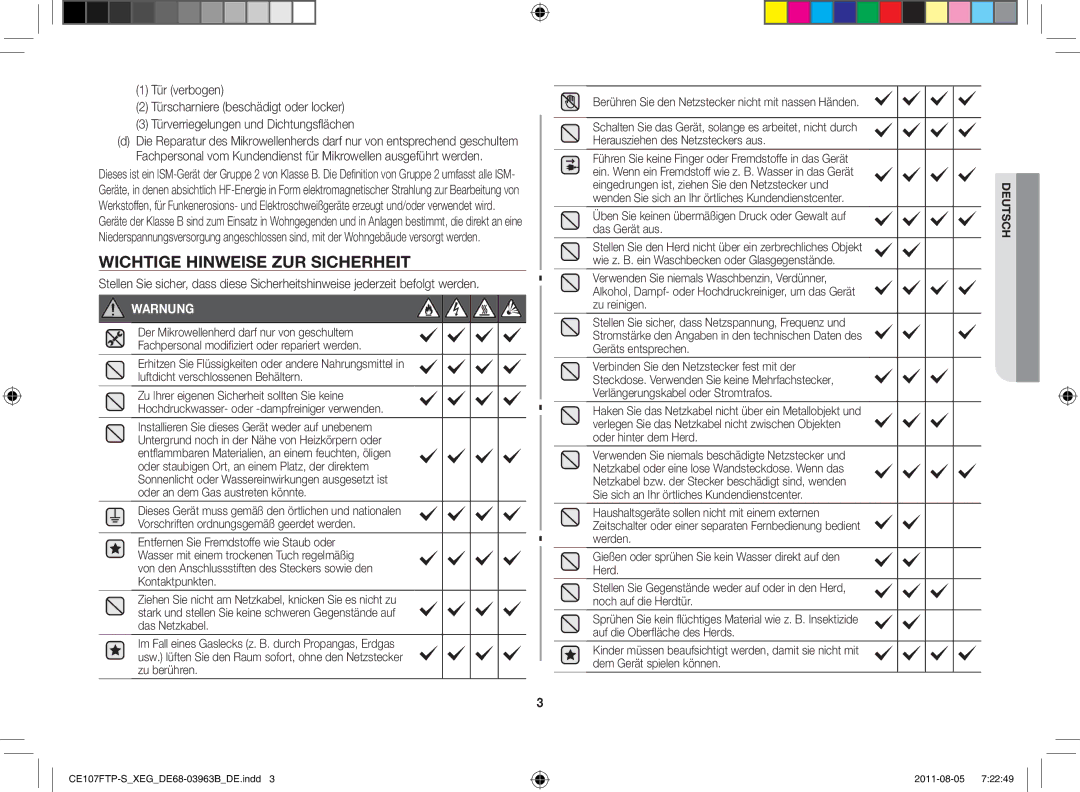 Samsung CE107FT-B/XEG manual Wichtige Hinweise zur Sicherheit, Warnung 