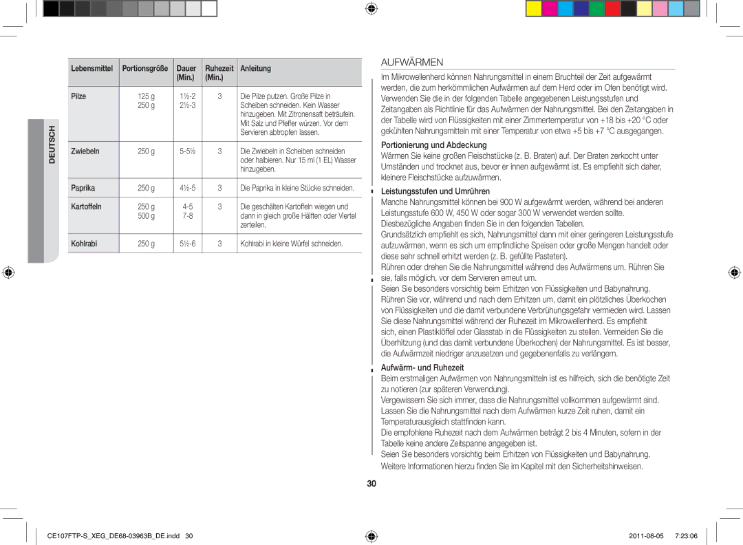 Samsung CE107FT-B/XEG manual Aufwärmen, Portionierung und Abdeckung, Leistungsstufen und Umrühren 