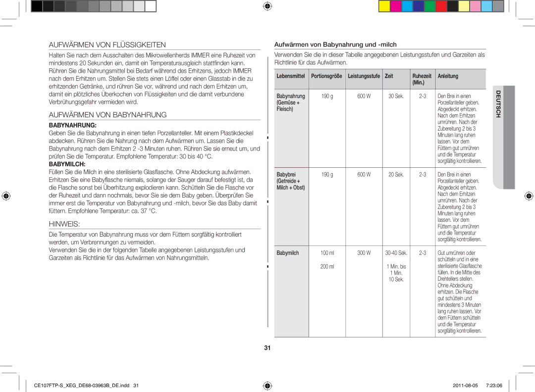 Samsung CE107FT-B/XEG manual Aufwärmen VON Flüssigkeiten, Aufwärmen VON Babynahrung, Hinweis, Zeit 