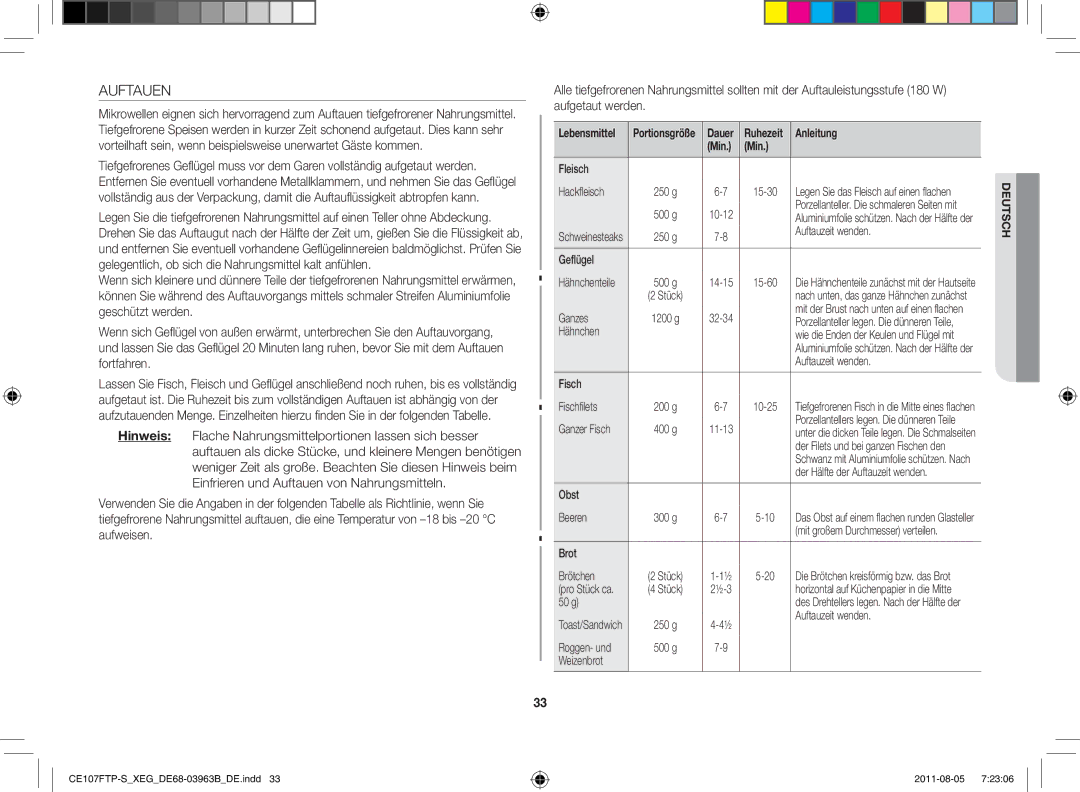 Samsung CE107FT-B/XEG manual Auftauen 