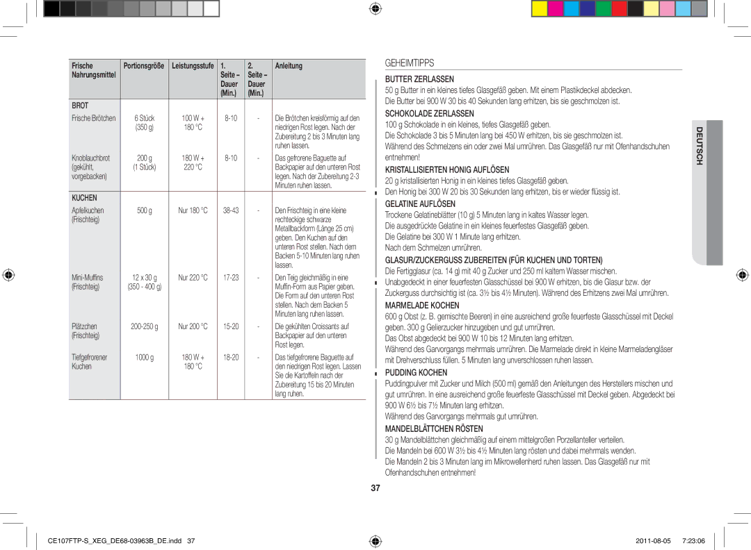 Samsung CE107FT-B/XEG manual Geheimtipps, Schokolade in ein kleines, tiefes Glasgefäß geben, Nach dem Schmelzen umrühren 