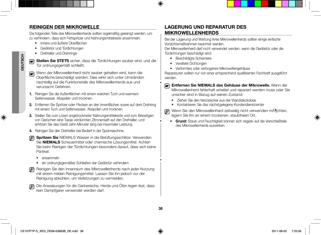 Samsung CE107FT-B/XEG manual Reinigen der Mikrowelle, Lagerung und Reparatur des Mikrowellenherds 