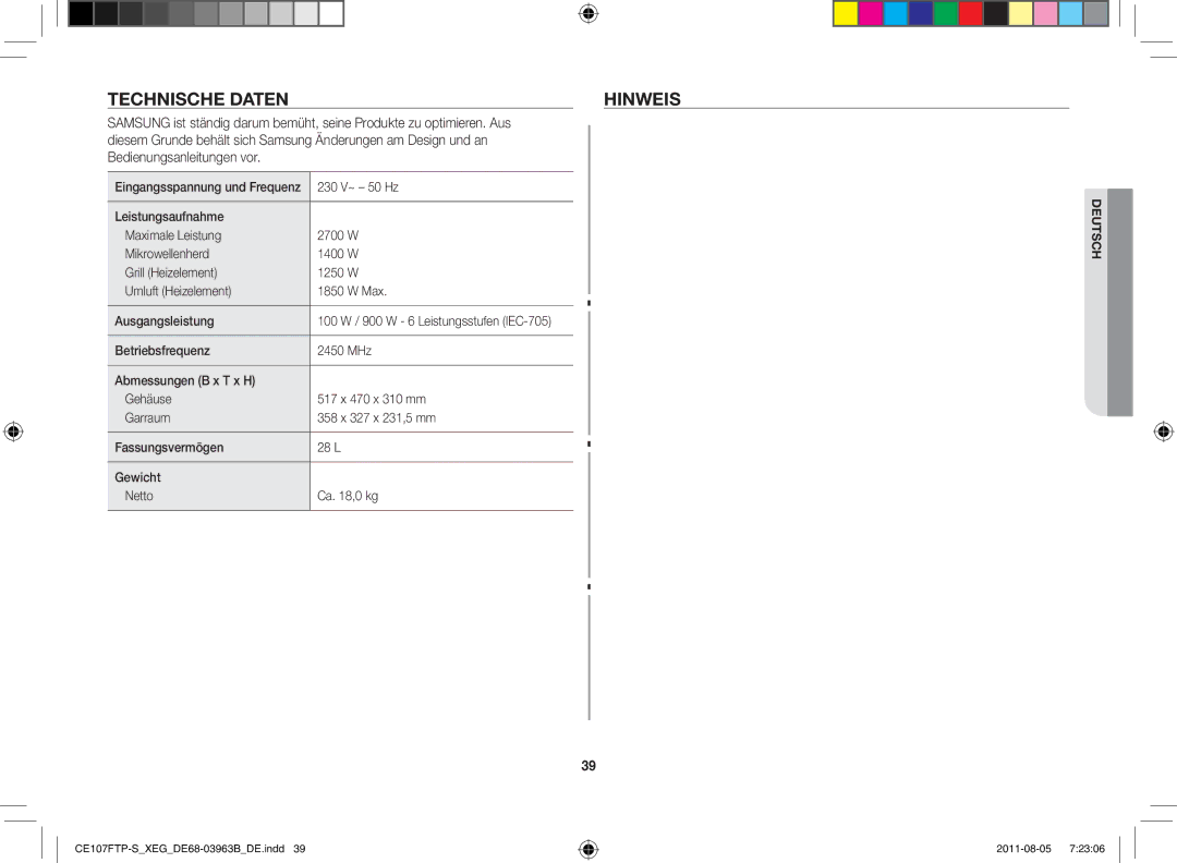 Samsung CE107FT-B/XEG manual Technische DatenHINWEIS 