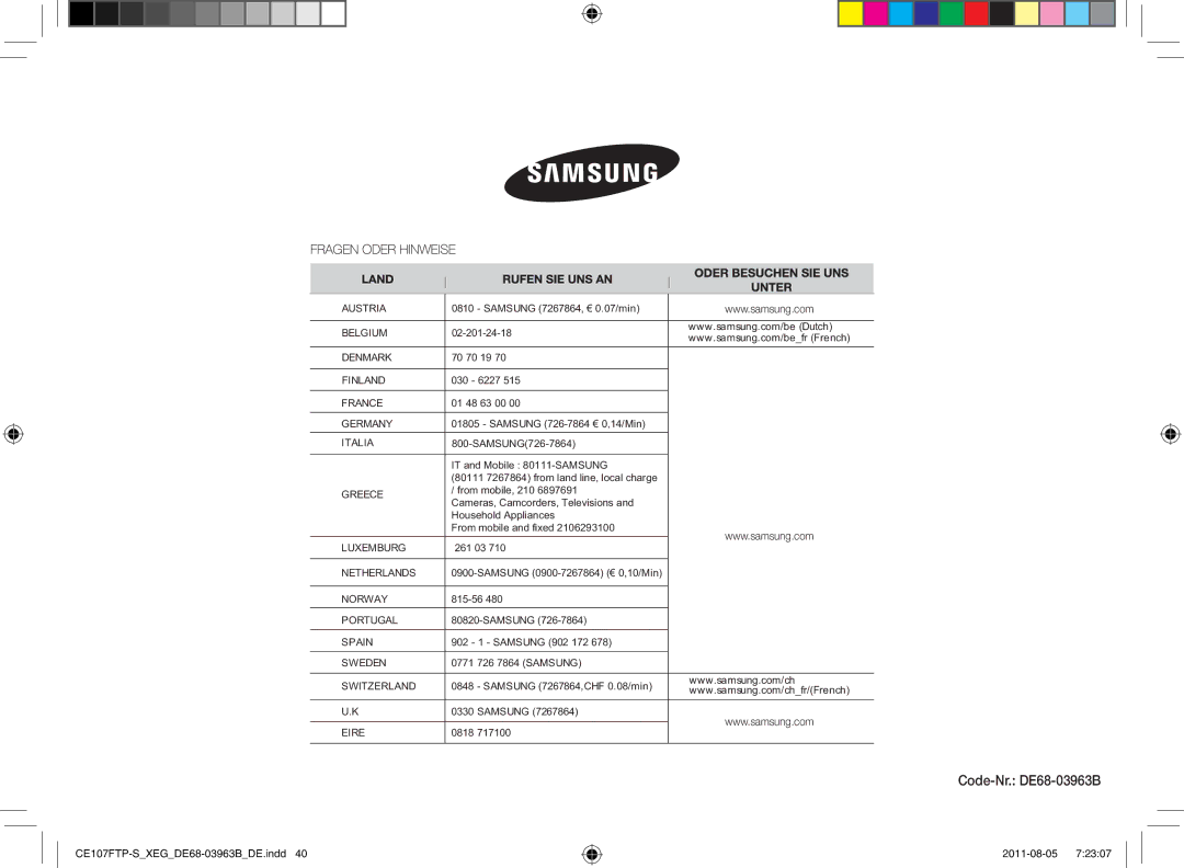 Samsung CE107FT-B/XEG manual Code-Nr. DE68-03963B, Greece 