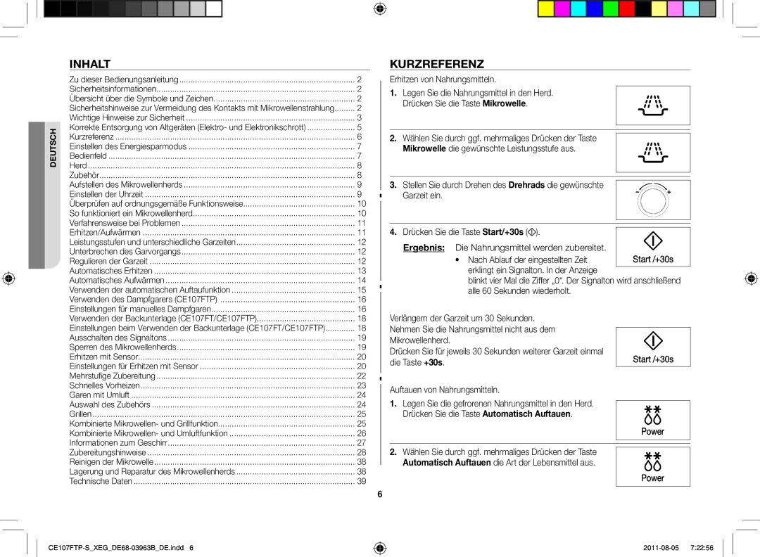 Samsung CE107FT-B/XEG manual Inhalt, Kurzreferenz 