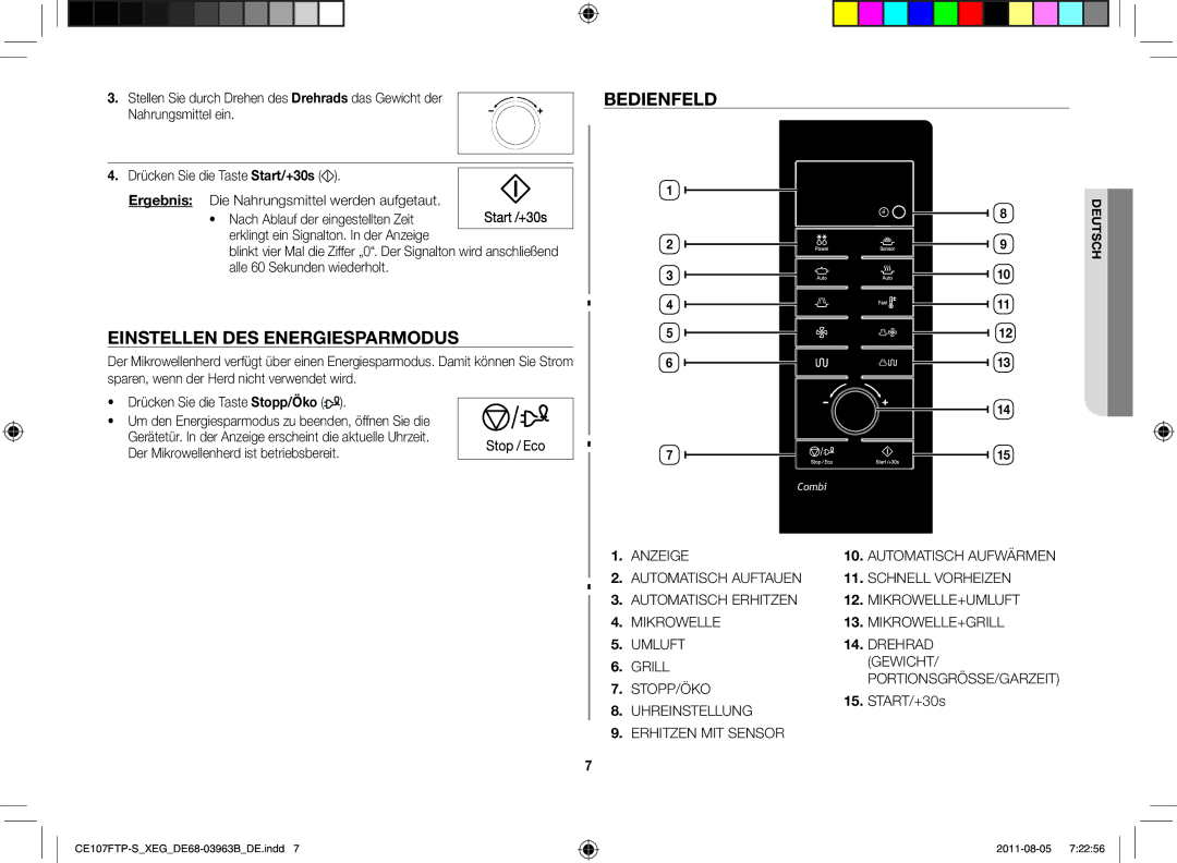 Samsung CE107FT-B/XEG manual Einstellen des Energiesparmodus, Bedienfeld, Der Mikrowellenherd ist betriebsbereit 