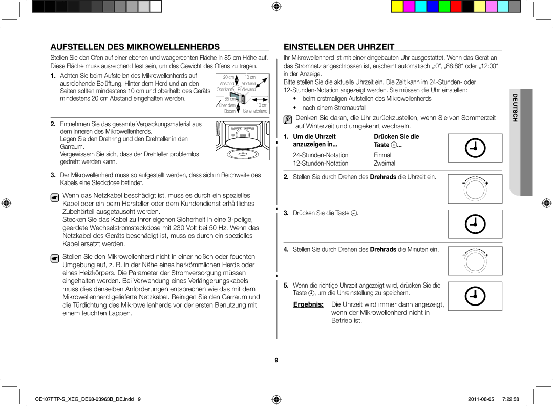 Samsung CE107FT-B/XEG manual Aufstellen des Mikrowellenherds, Einstellen der Uhrzeit, Auf Winterzeit und umgekehrt wechseln 