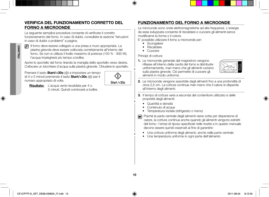 Samsung CE107FT-B/XET manual Verifica del funzionamento corretto del forno a microonde, Funzionamento del forno a microonde 