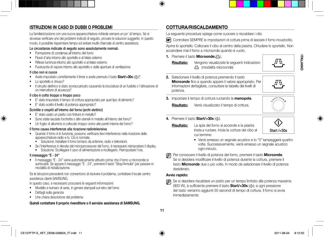 Samsung CE107F-S/XET, CE107FT-B/XET manual Istruzioni in caso di dubbi o problemi, Cottura/Riscaldamento, Avvio rapido 