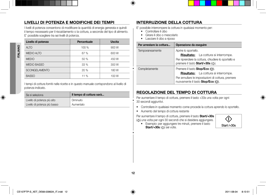 Samsung CE107FTP-S/XET, CE107FT-B/XET Livelli di potenza e modifiche dei tempi, Interruzione della cottura, Completamente 