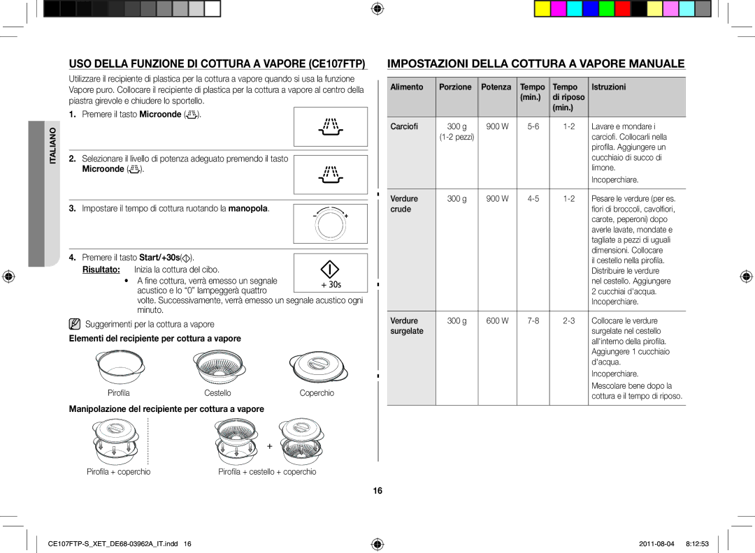 Samsung CE107F-S/XET Uso della funzione di cottura a vapore CE107FTP, Impostazioni della cottura a vapore manuale 