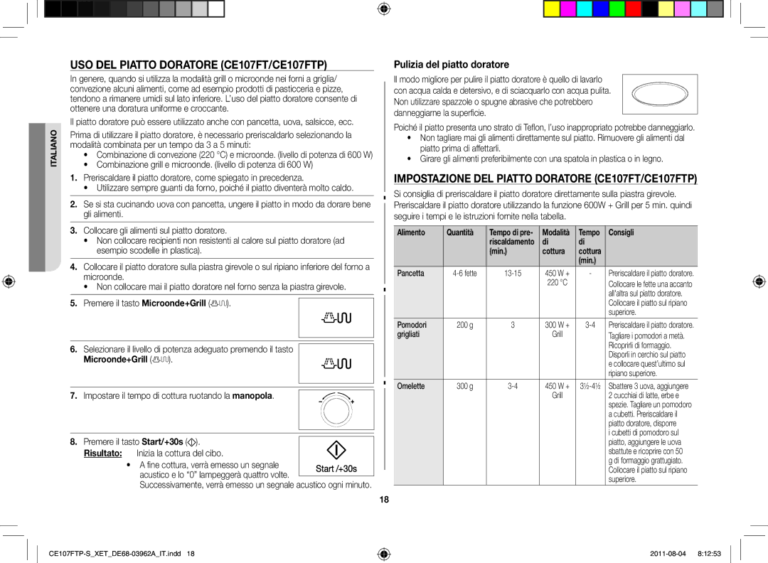 Samsung CE107FT-S/XET manual Uso del piatto doratore CE107FT/CE107FTP, Impostazione del piatto doratore CE107FT/CE107FTP 