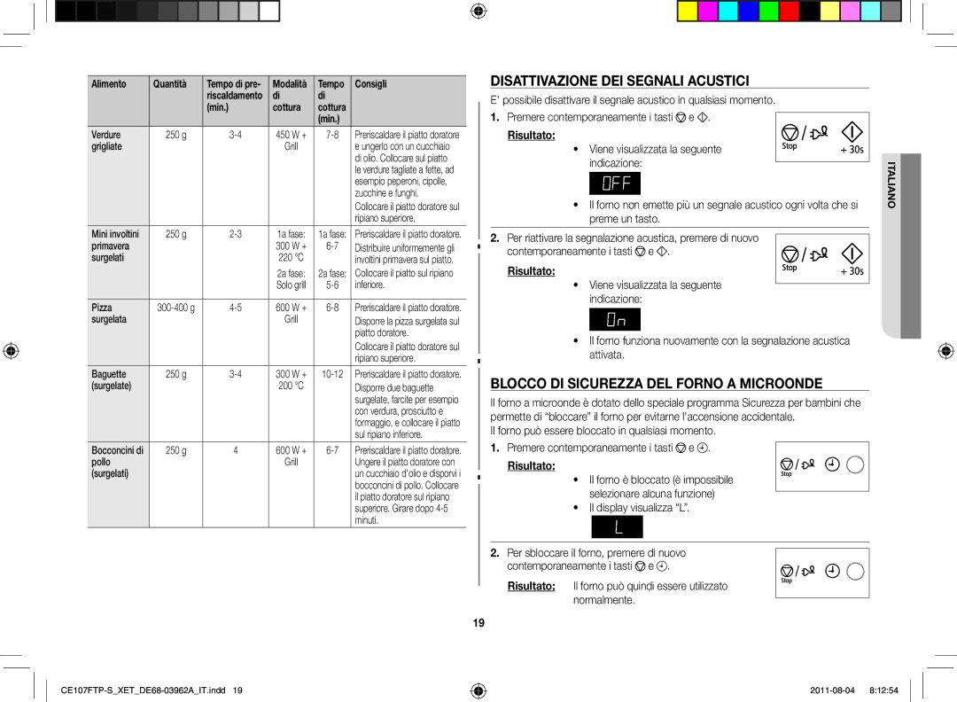 Samsung CE107FT-S/XEO, CE107FT-B/XET manual Disattivazione dei segnali acustici, Blocco di sicurezza del forno a microonde 