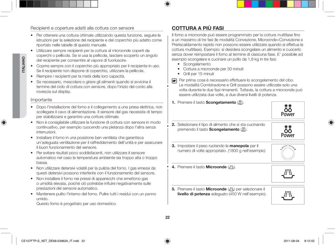 Samsung CE107FTP-S/XET, CE107FT-B/XET manual Cottura a più fasi, Recipienti e coperture adatti alla cottura con sensore 