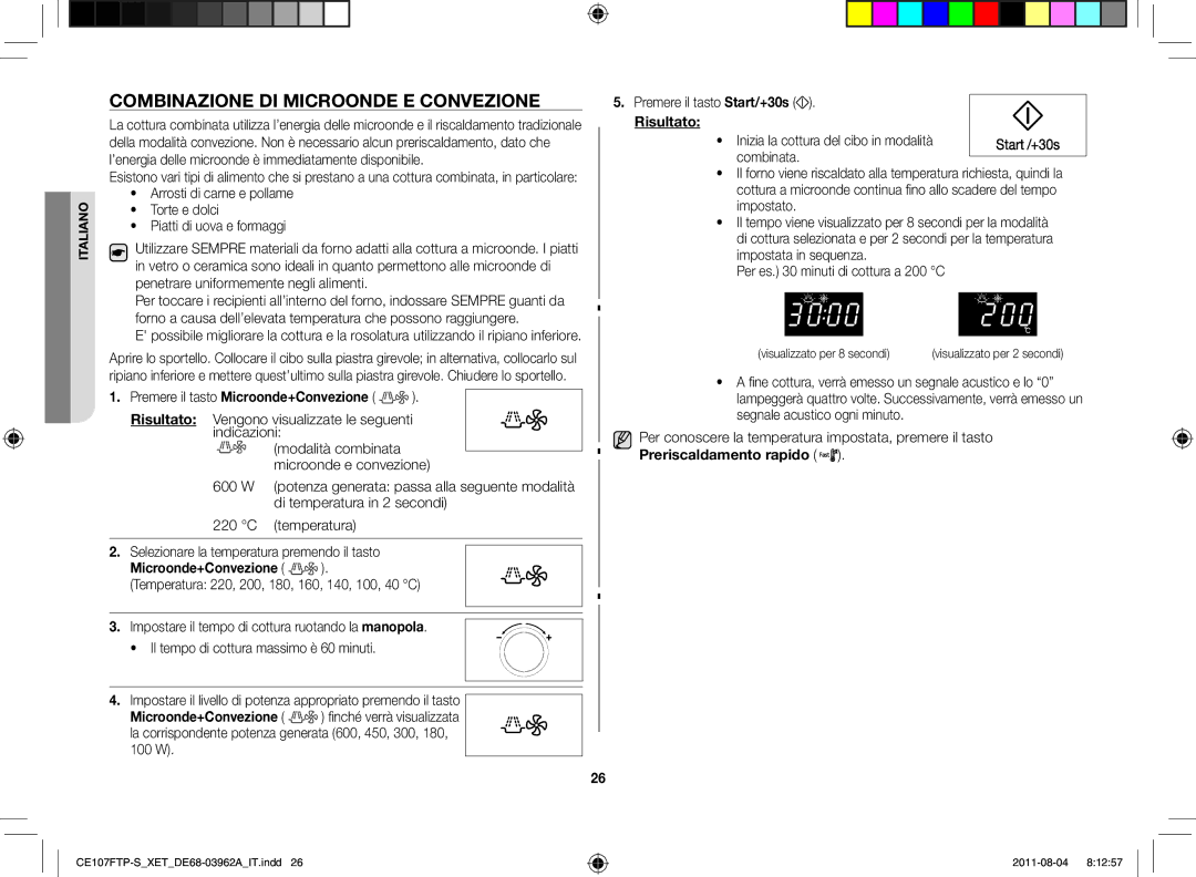 Samsung CE107F-S/XET, CE107FT-B/XET manual Combinazione di microonde e convezione, Premere il tasto Microonde+Convezione 