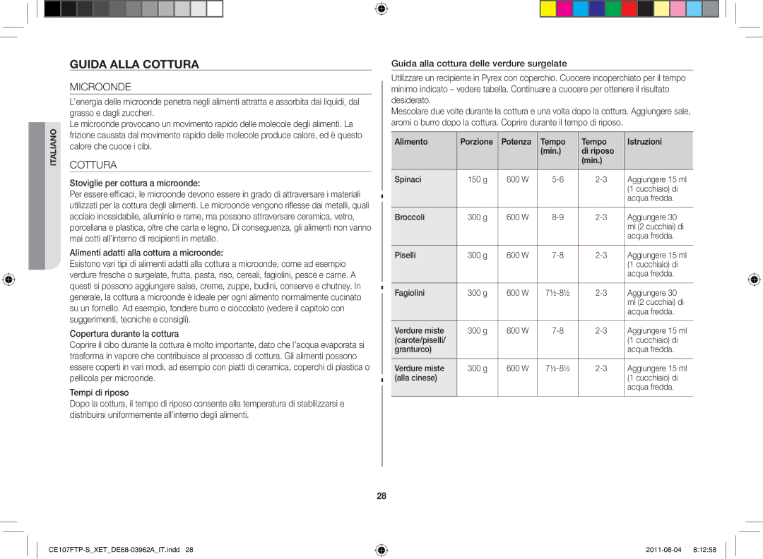 Samsung CE107FT-S/XET, CE107FT-B/XET manual Guida alla cottura, Microonde, Cottura, Stoviglie per cottura a microonde 