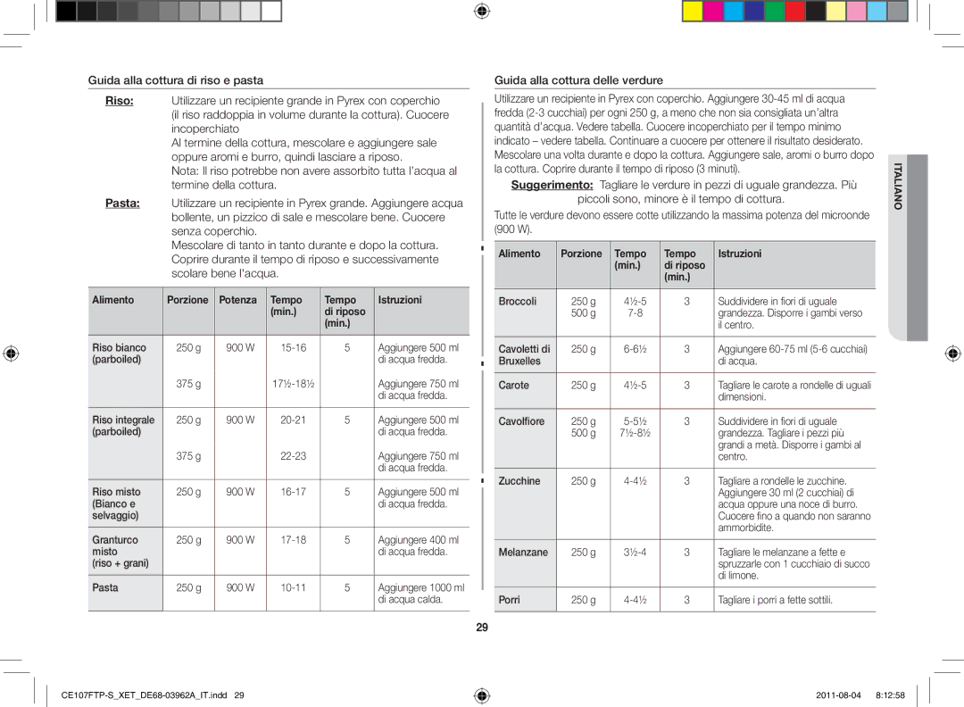 Samsung CE107FT-S/XEO, CE107FT-B/XET Guida alla cottura delle verdure, Alimento Porzione Tempo Istruzioni Min Di riposo 