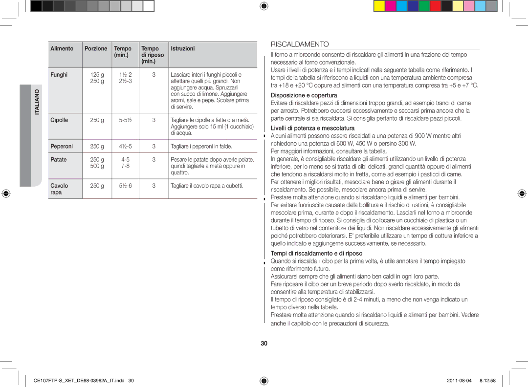 Samsung CE107FT-B/XET, CE107F-S/XET manual Riscaldamento, Disposizione e copertura, Livelli di potenza e mescolatura 