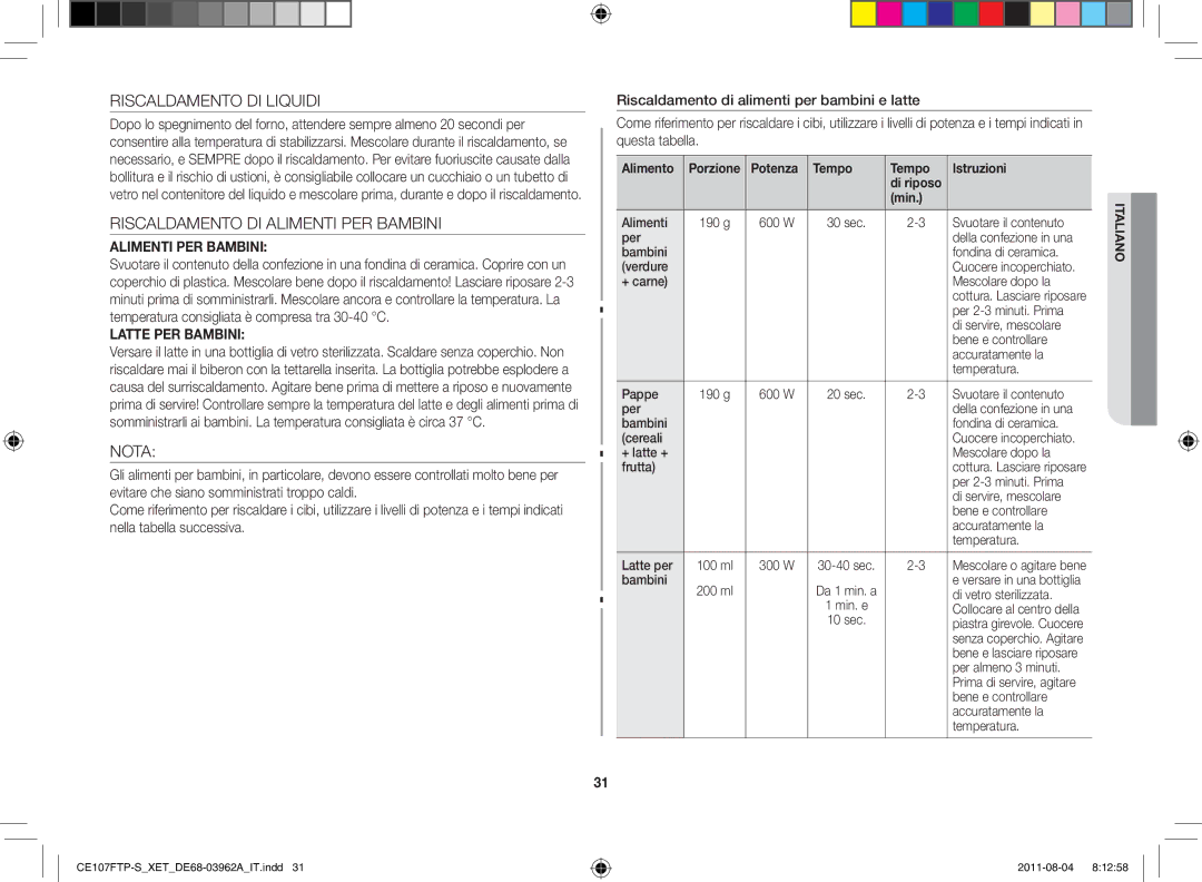 Samsung CE107F-S/XET manual Riscaldamento DI Liquidi, Riscaldamento DI Alimenti PER Bambini, Nota, Potenza Tempo Istruzioni 