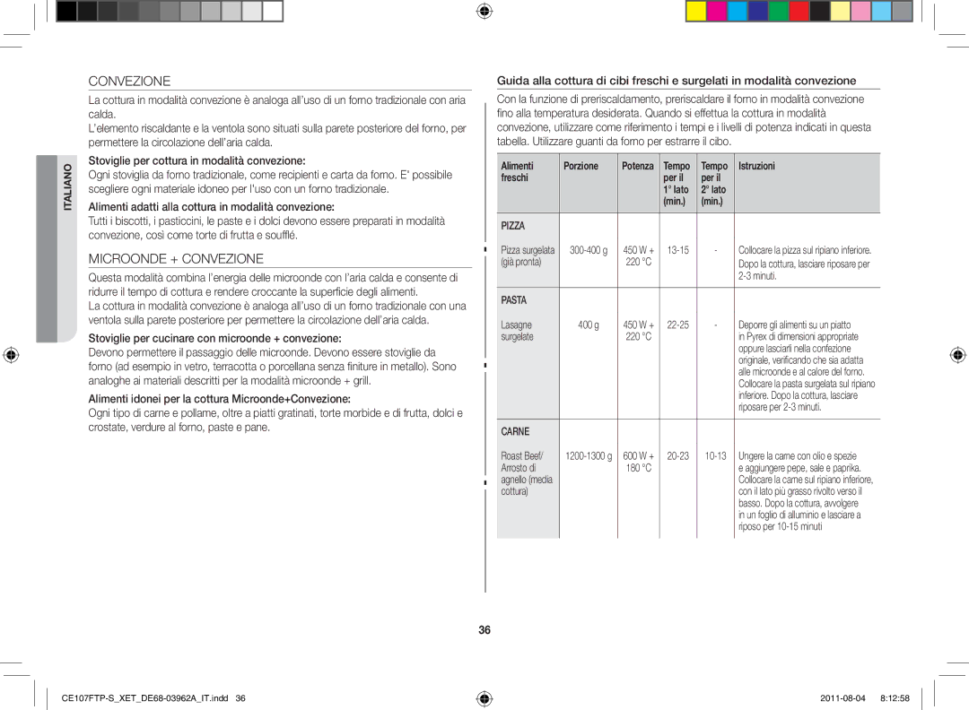 Samsung CE107F-S/XET manual Microonde + Convezione, Stoviglie per cucinare con microonde + convezione, Arrosto di 