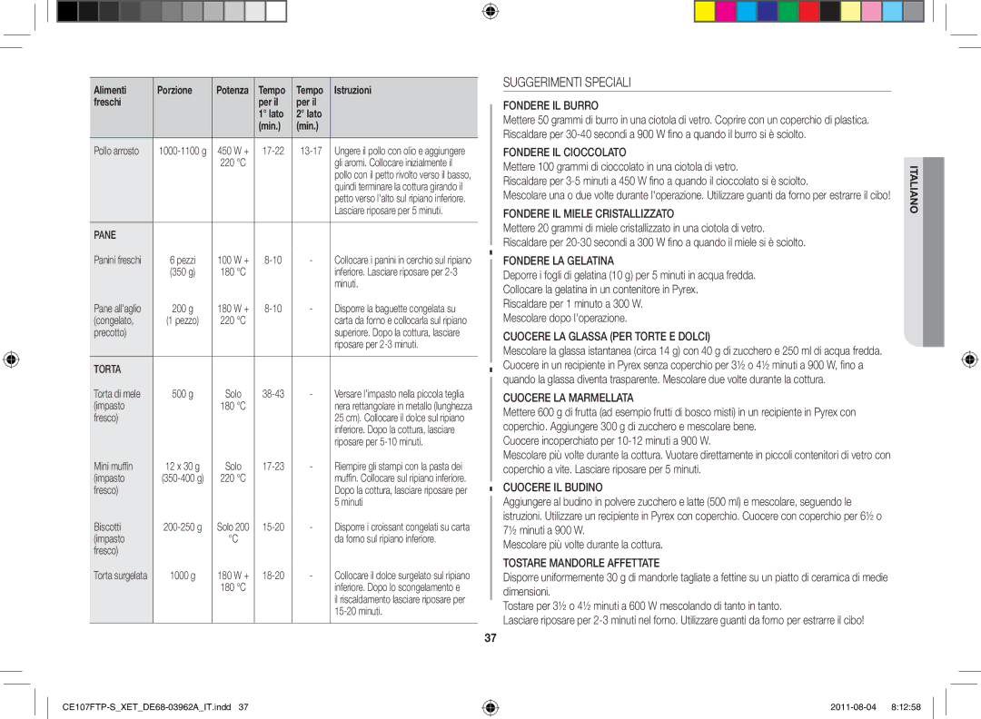 Samsung CE107FTP-S/XET, CE107FT-B/XET manual Suggerimenti Speciali, Precotto, Impasto, Riposare per 5-10 minuti, Biscotti 