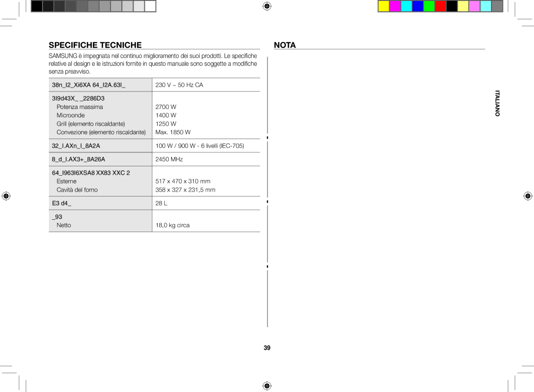 Samsung CE107FT-S/XEO, CE107FT-B/XET, CE107F-S/XET, CE107FTP-S/XET, CE107FT-S/XET manual Specifiche tecnicheNOTA, Max W 