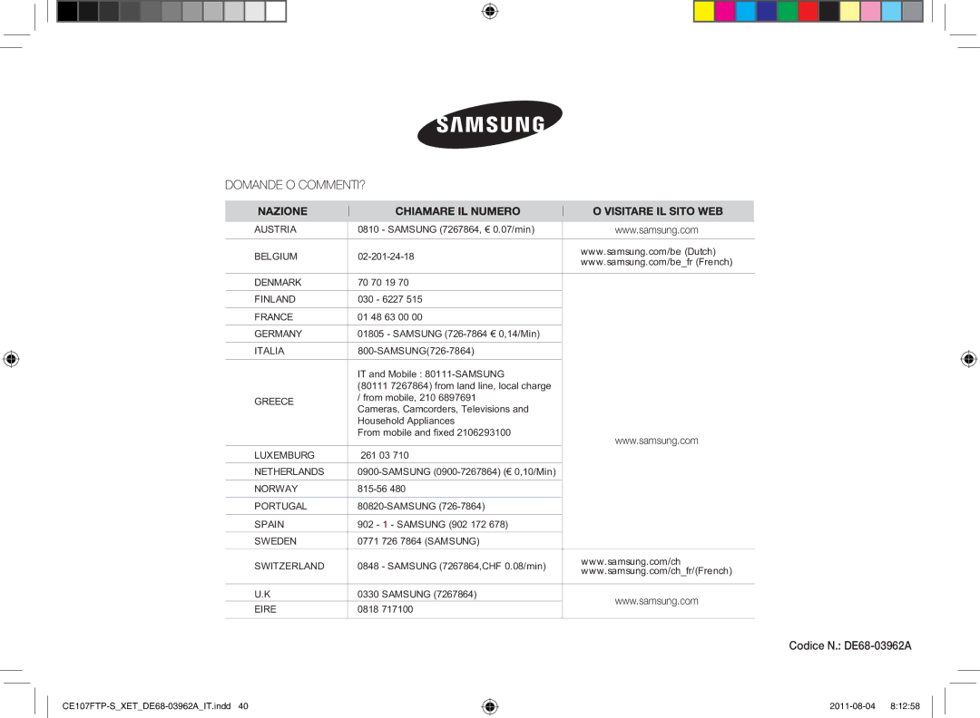 Samsung CE107FT-B/XET, CE107F-S/XET, CE107FTP-S/XET, CE107FT-S/XET, CE107FT-S/XEO manual Codice N. DE68-03962A, Greece 