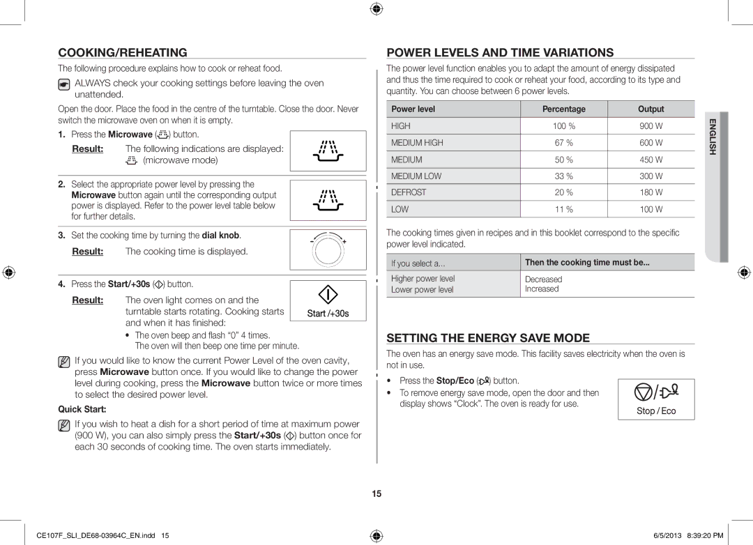 Samsung CE107FT-S/SLI manual Cooking/Reheating, Power Levels and Time Variations, Setting the Energy Save Mode, Quick Start 