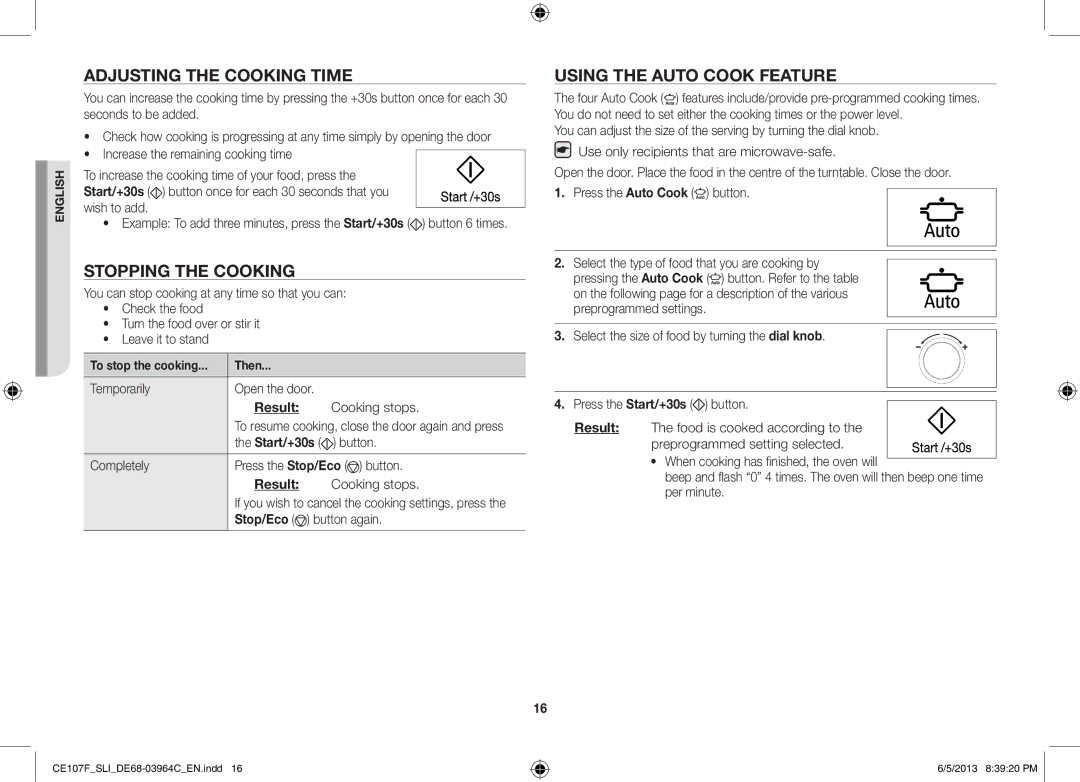 Samsung CE107FT-S/SLI manual Adjusting the Cooking Time, Stopping the Cooking, Using the Auto Cook Feature, Result 