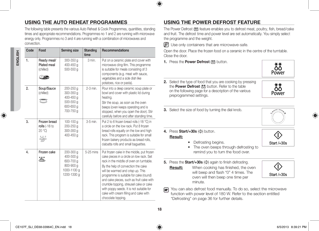 Samsung CE107FT-S/SLI manual Using the Auto Reheat Programmes, Using the Power Defrost Feature, Code Food 