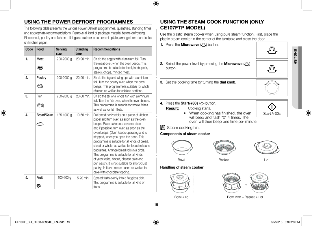 Samsung CE107FT-S/SLI manual Using the Power Defrost Programmes, Using the Steam Cook Function only CE107FTP Model 