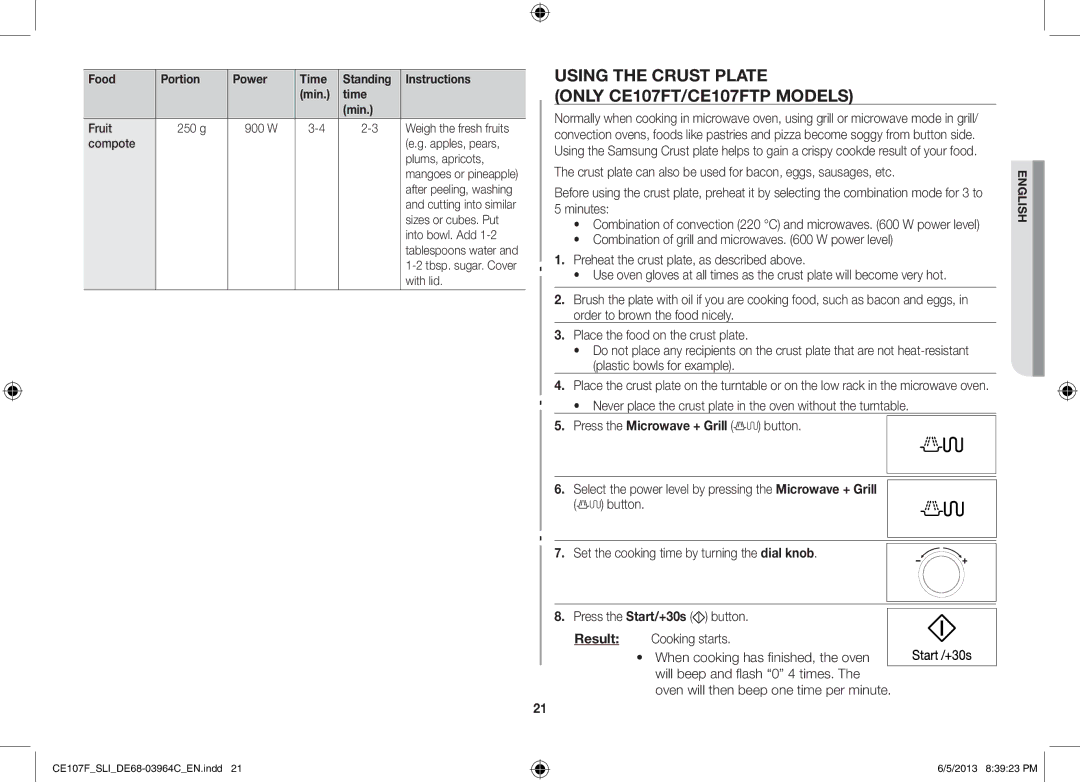 Samsung CE107FT-S/SLI manual Using the Crust Plate Only CE107FT/CE107FTP Models, Minutes 