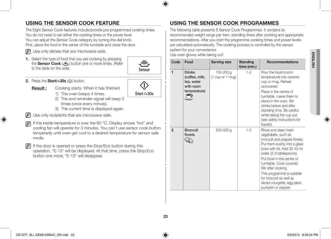 Samsung CE107FT-S/SLI manual Using the Sensor Cook Feature, Using the Sensor Cook Programmes 