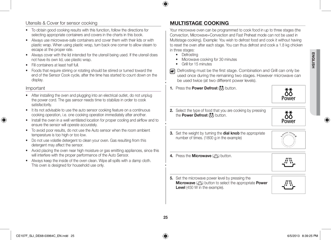 Samsung CE107FT-S/SLI manual Multistage Cooking, Utensils & Cover for sensor cooking, Level 450 W in the example 