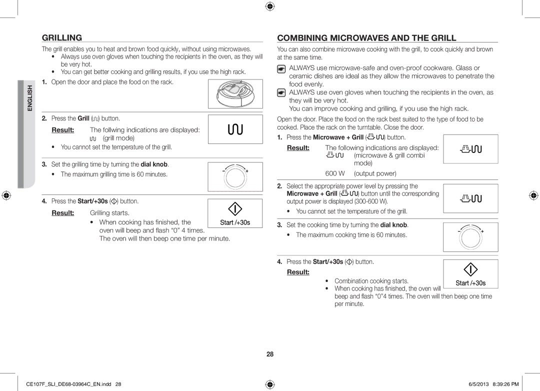 Samsung CE107FT-S/SLI manual Grilling, Combining Microwaves and the Grill 