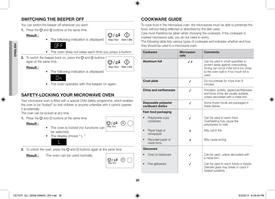 Samsung CE107FT-S/SLI manual Switching the Beeper OFF, SAFETY-LOCKING Your Microwave Oven, Cookware Guide 