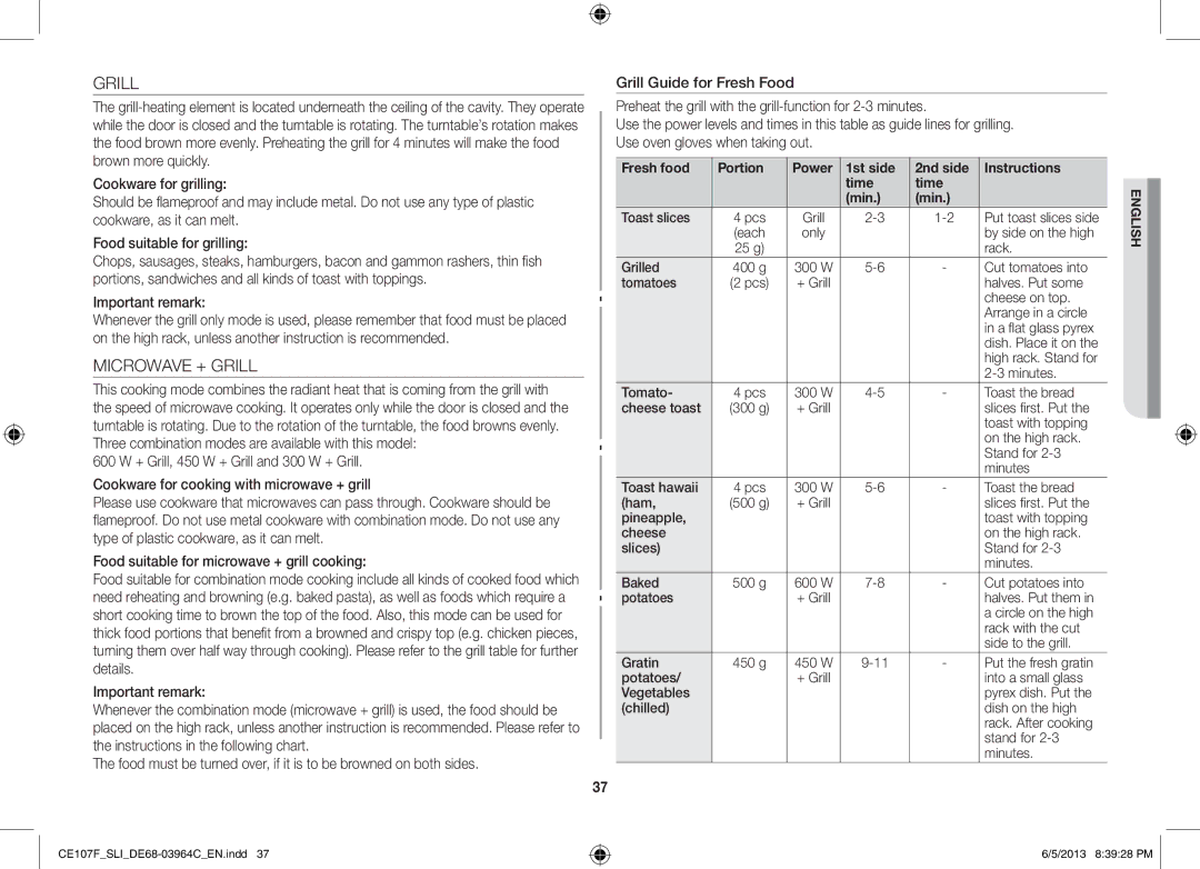 Samsung CE107FT-S/SLI manual Microwave + Grill, Important remark 