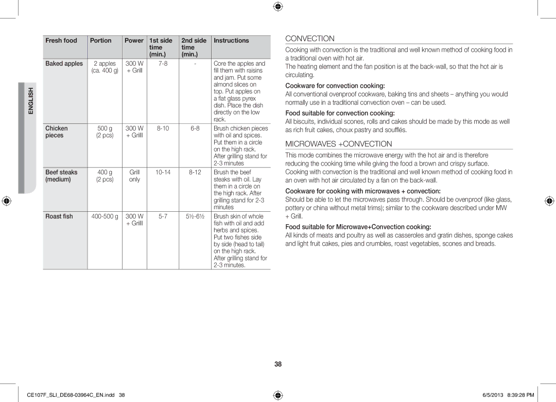 Samsung CE107FT-S/SLI manual Convection, Microwaves +CONVECTION 