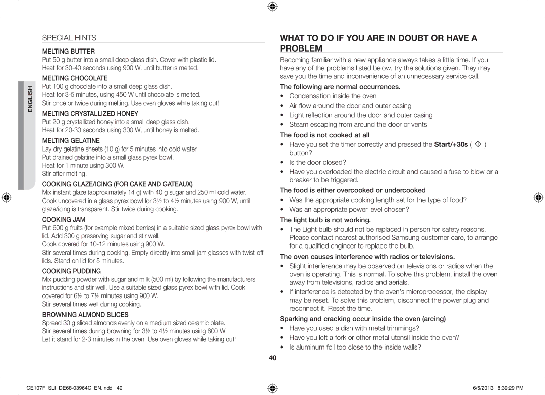 Samsung CE107FT-S/SLI manual What to do if YOU are in Doubt or have a Problem, Special Hints 