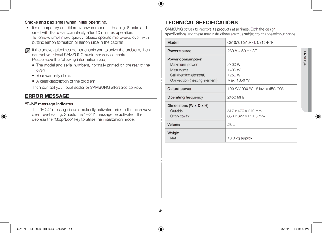 Samsung CE107FT-S/SLI manual Error Message, Technical Specifications, Message indicates 