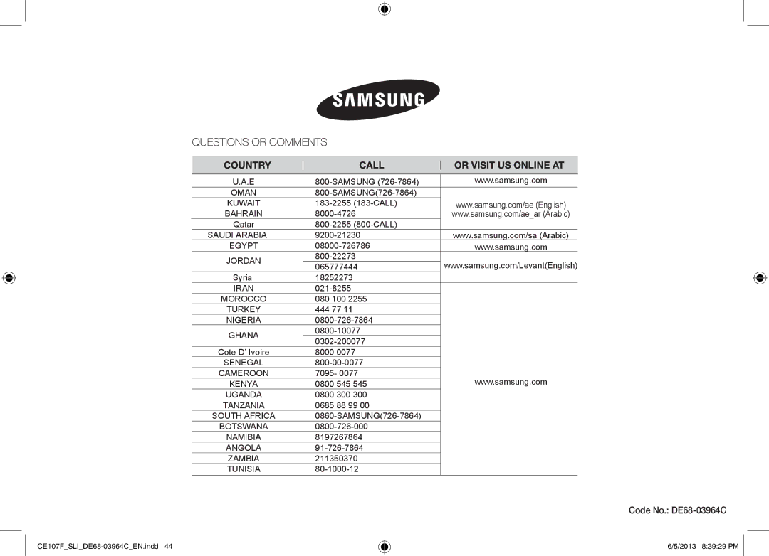 Samsung CE107FT-S/SLI manual Code No. DE68-03964C 