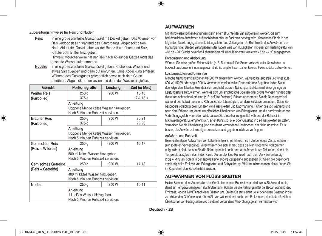 Samsung CE107M-4S/XEN, CE107MST-4/XEN manual Aufwärmen VON Flüssigkeiten, Reis, Gericht Portionsgröße 