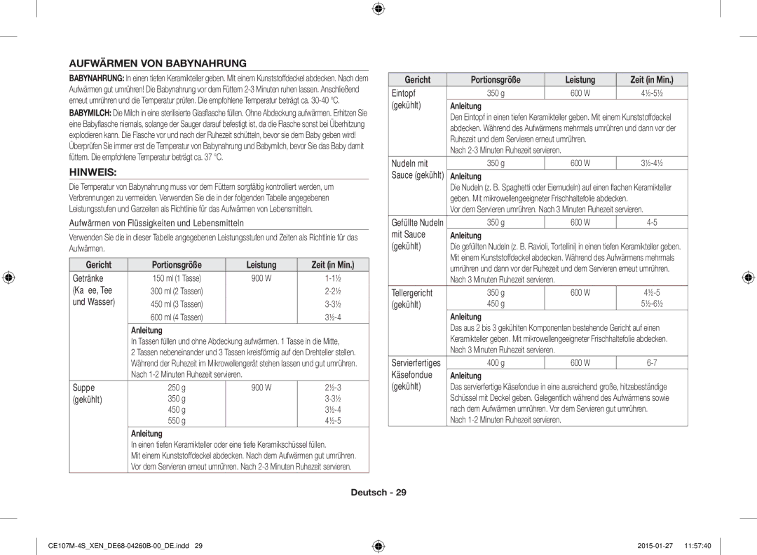 Samsung CE107MST-4/XEN, CE107M-4S/XEN manual Aufwärmen VON Babynahrung, Hinweis 