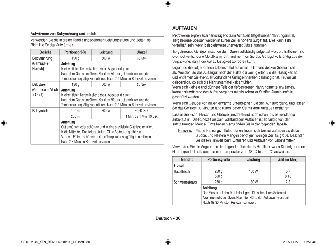 Samsung CE107M-4S/XEN, CE107MST-4/XEN manual Auftauen, Leistung Uhrzeit, Leistung Zeit in Min 