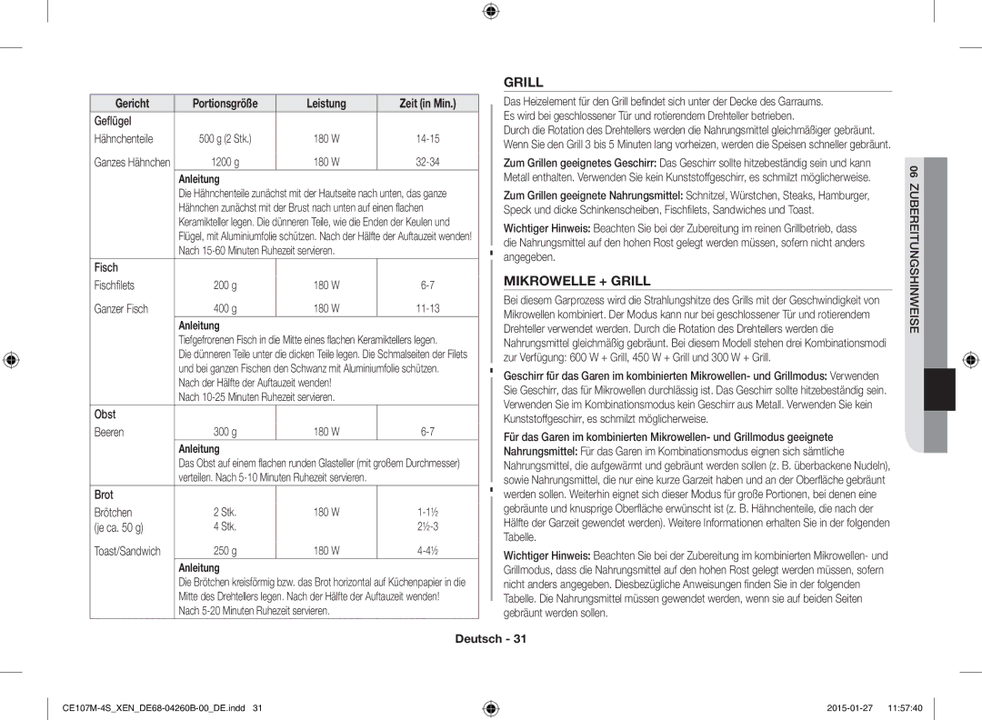 Samsung CE107MST-4/XEN, CE107M-4S/XEN manual Mikrowelle + Grill 